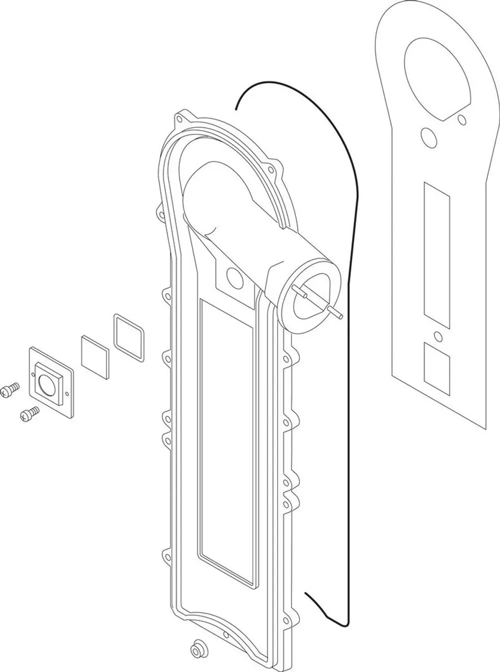 BOSCH Wärmetauscher, Vorderansicht, mit Anschlussrohstück und mehreren Dichtungen sowie Befestigungsschrauben, auf schematischer Darstellung.
